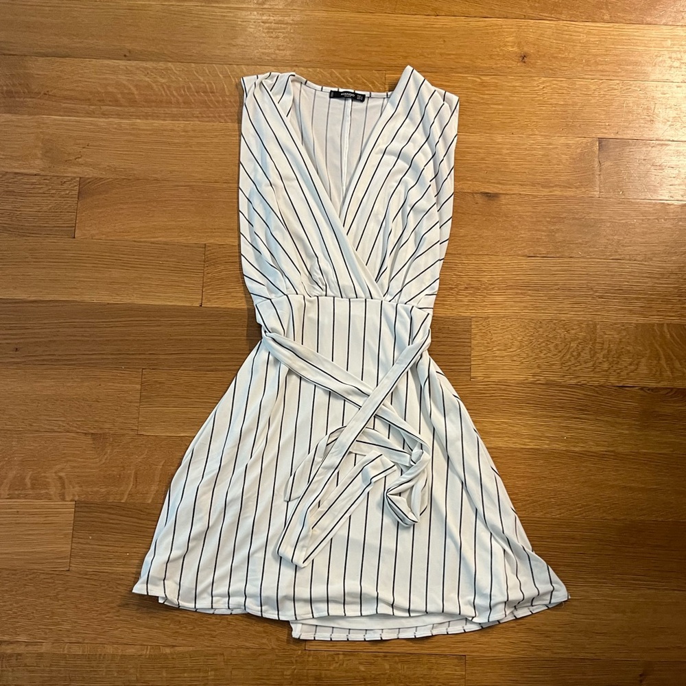 Mango White and dark grey Striped Mini Dress